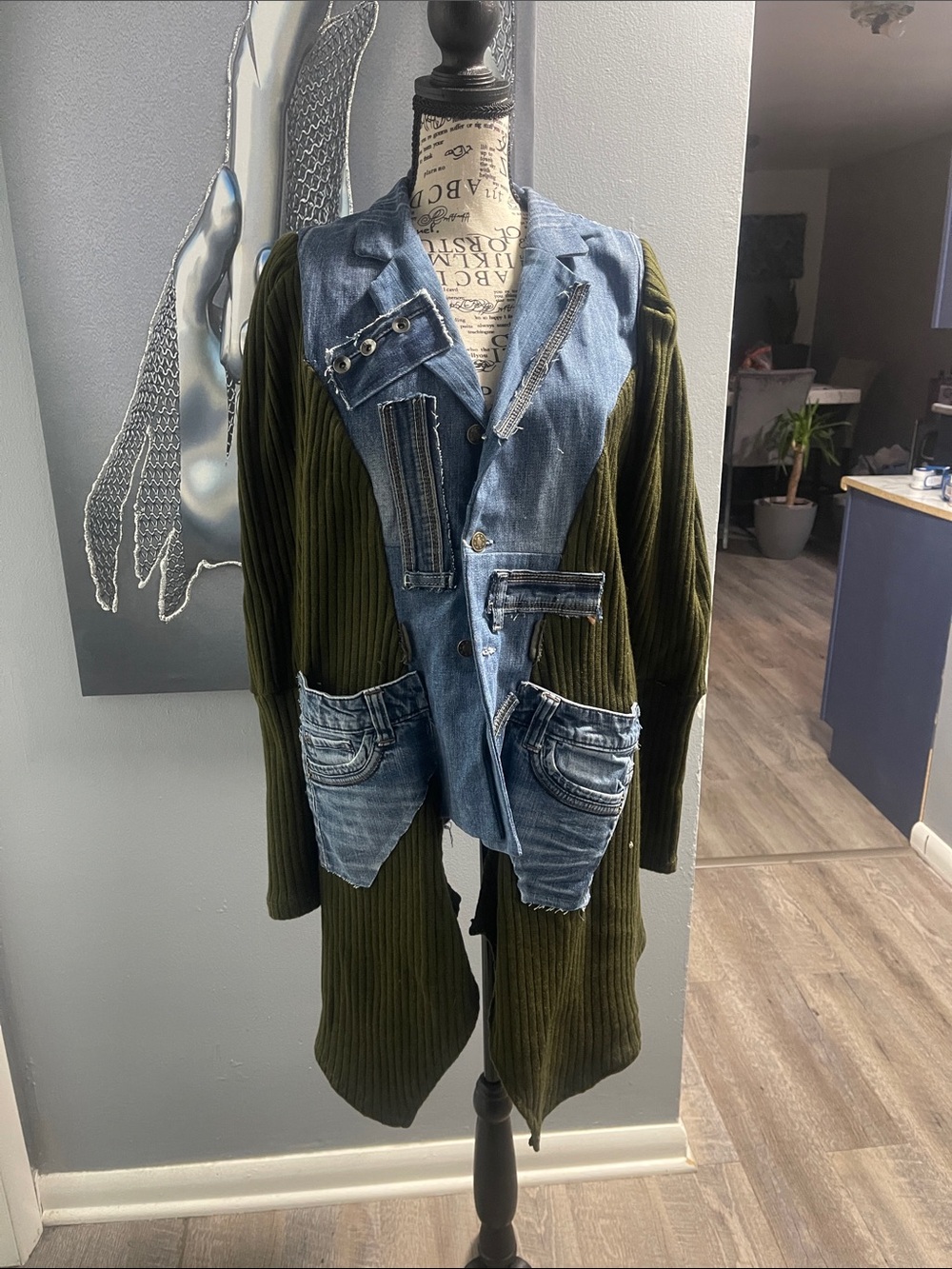 Denim-Trim Olive Green Knit Coat with Patch Pockets